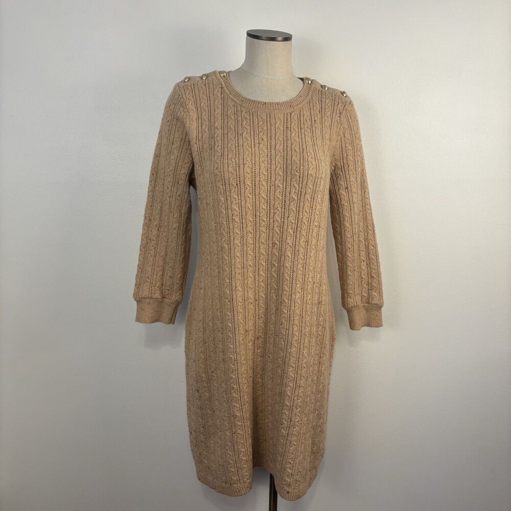 Talbots Womens XL Cable Knit Button Shoulder Sweater Dress Camel Beige Speckled